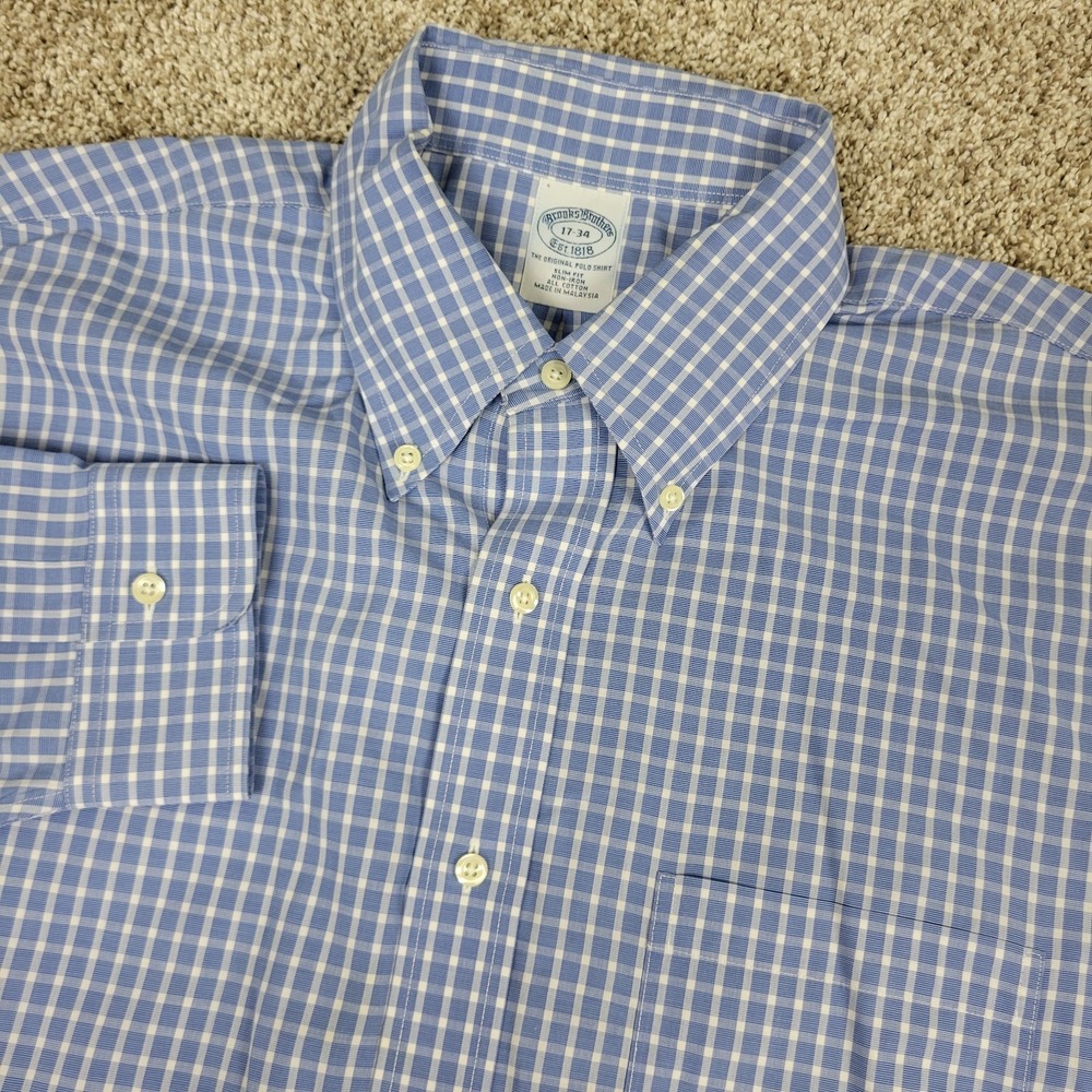 Brooks Brothers Mens 17-34 Blue White Check Button Down Long Sleeve